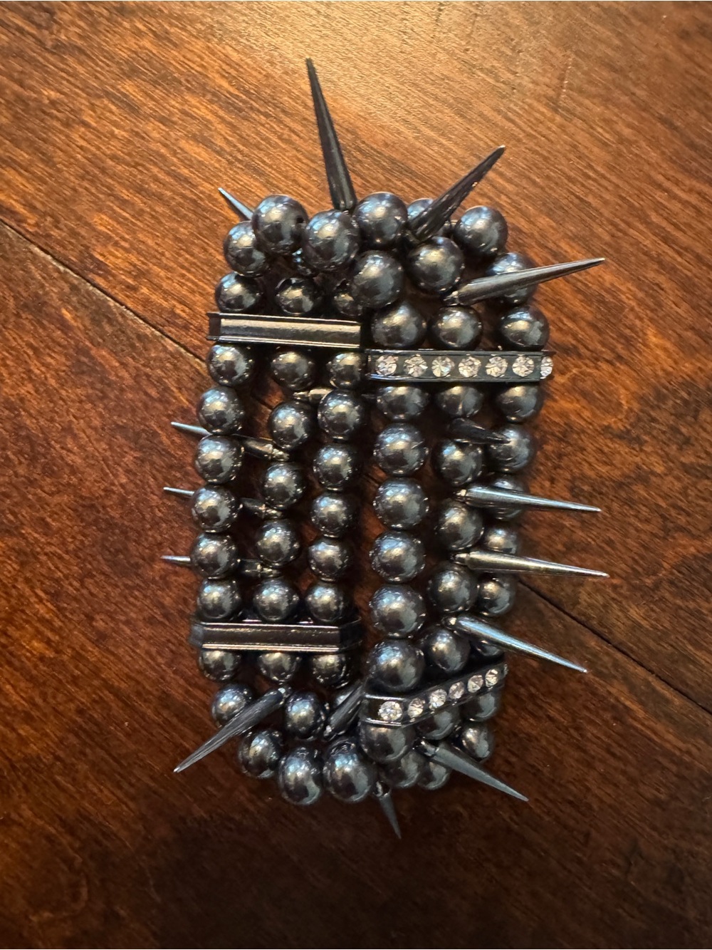 Black Beaded Spike Stretch Bracelet with Rhinestone Bars